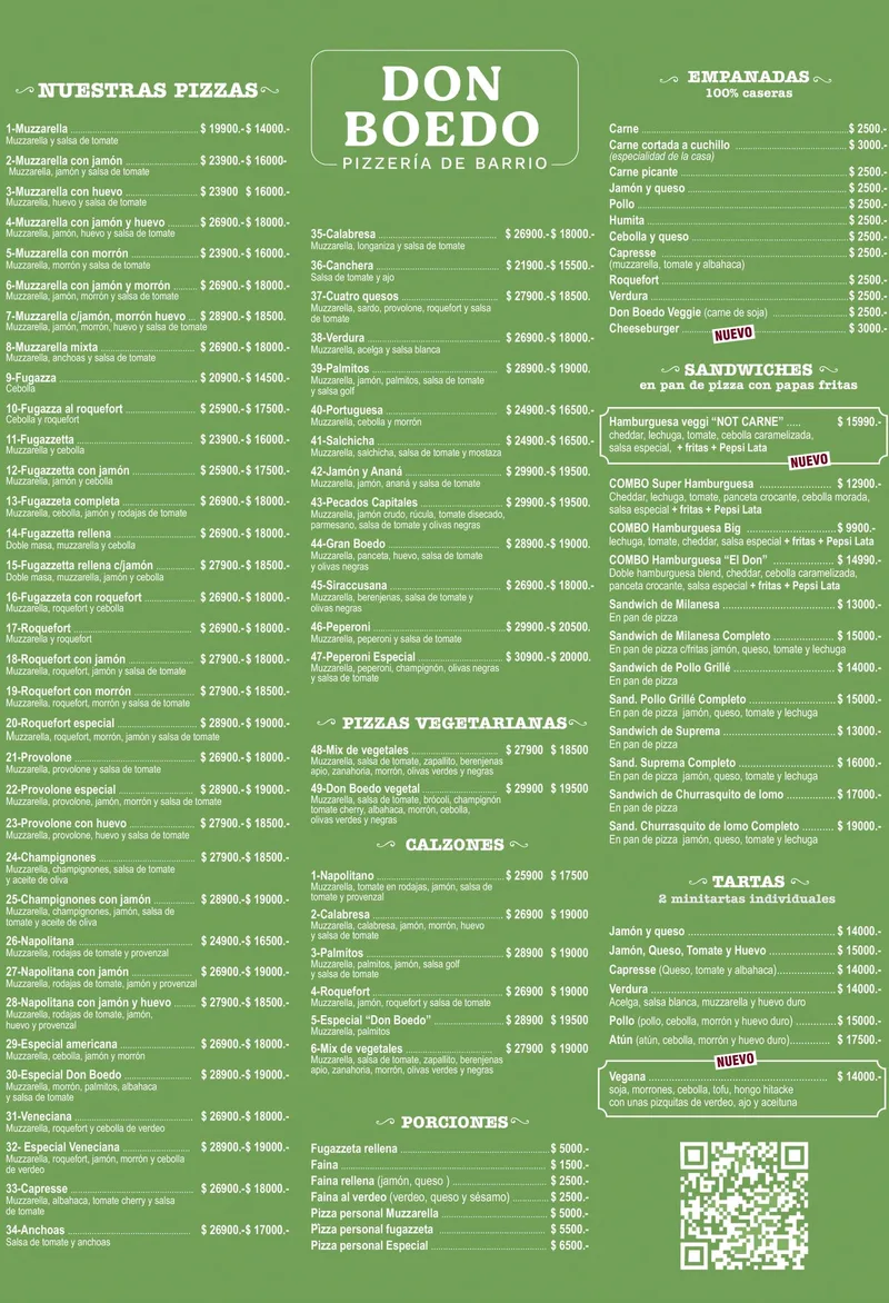 Cardápio da Don Boedo (página 1): pizzas, pizzas vegetarianas, calzones, porções, empanadas, sanduíches e tortas salgadas