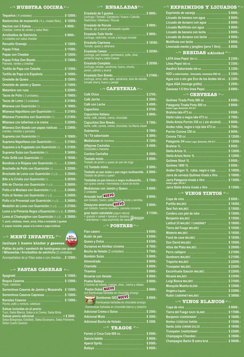 Cardápio da Don Boedo (página 2): pratos, menu infantil, massas caseiras, saladas, cafeteria, sobremesas, drinks, vitaminas, bebidas, cervejas e vinhos